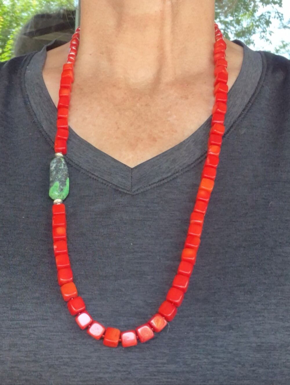 Red Beaded Women's Necklace with TURQUOISE Accent Stone